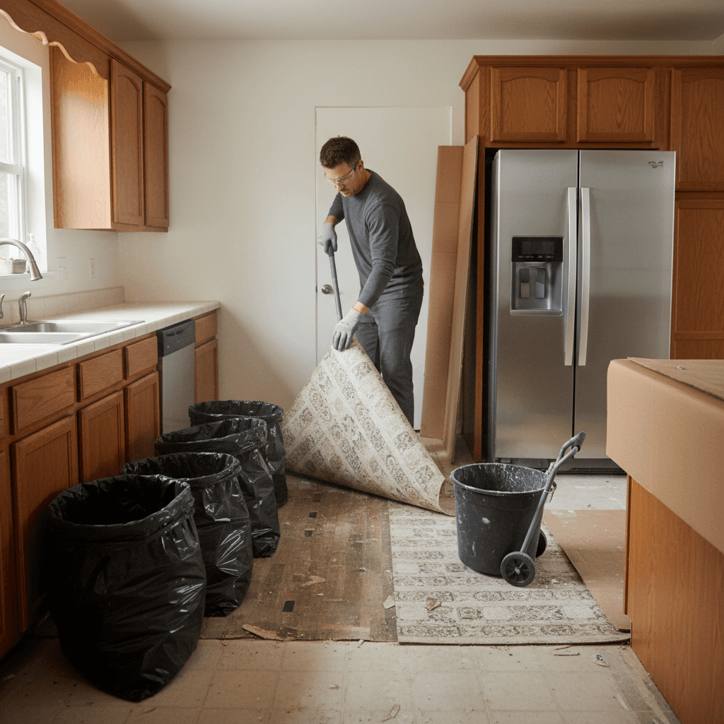 Old flooring being removed from home