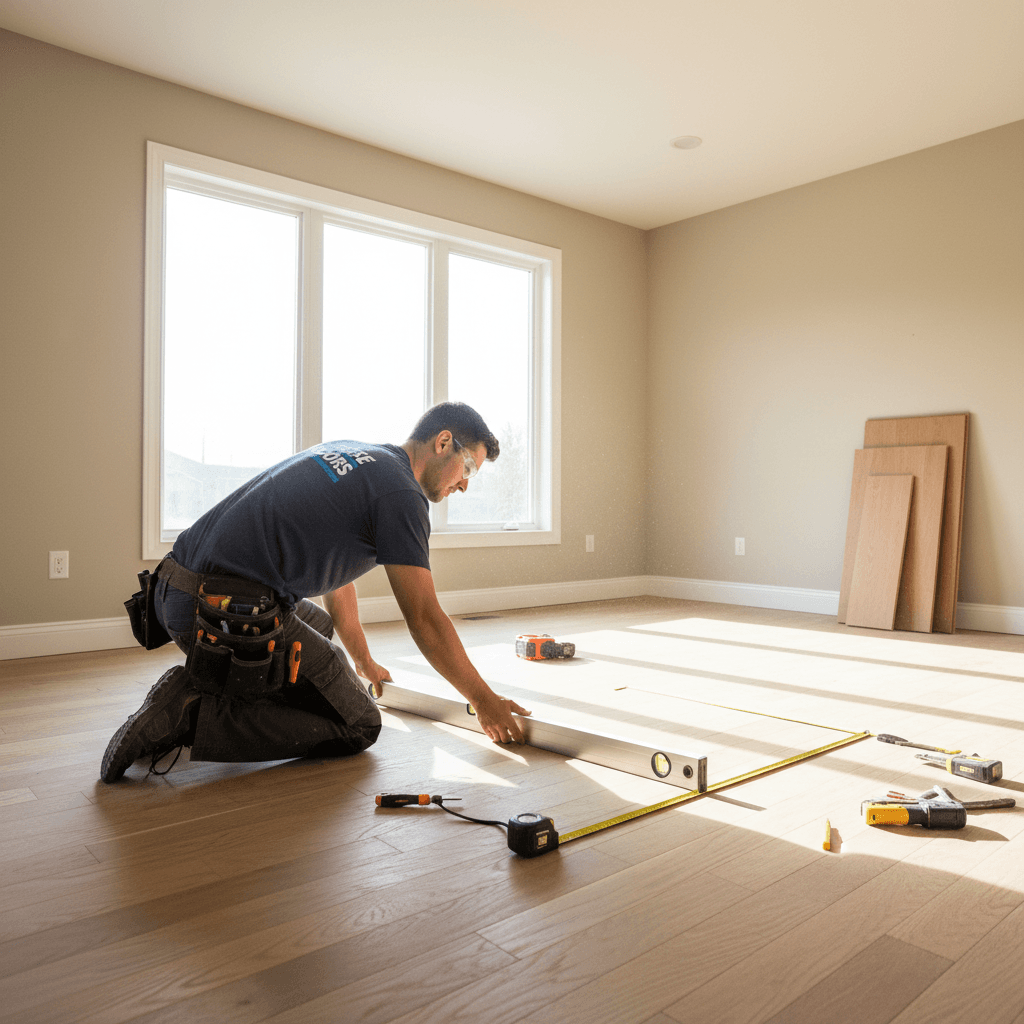 Flooring installer preparing subfloor with measuring equipment