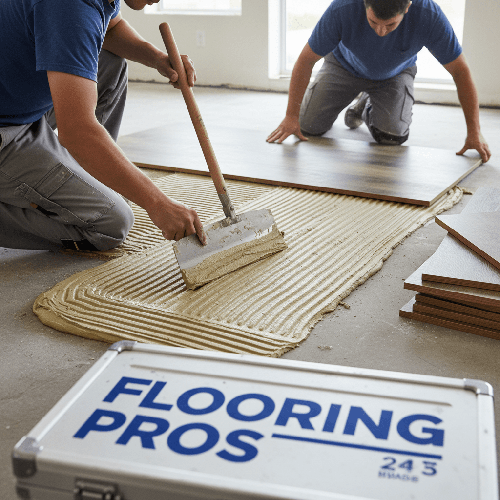 Glue-down flooring application in progress with proper technique