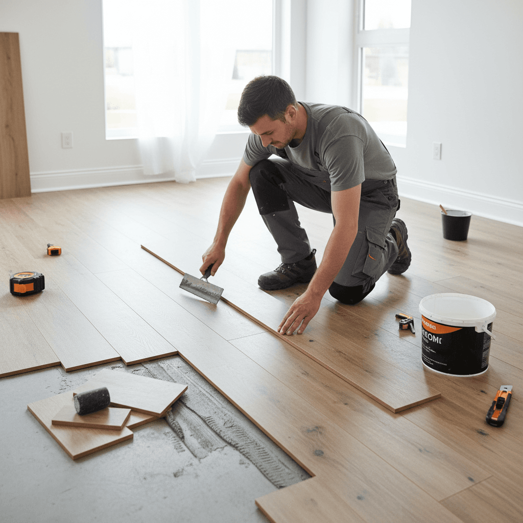 Vinyl planks being installed with adhesive