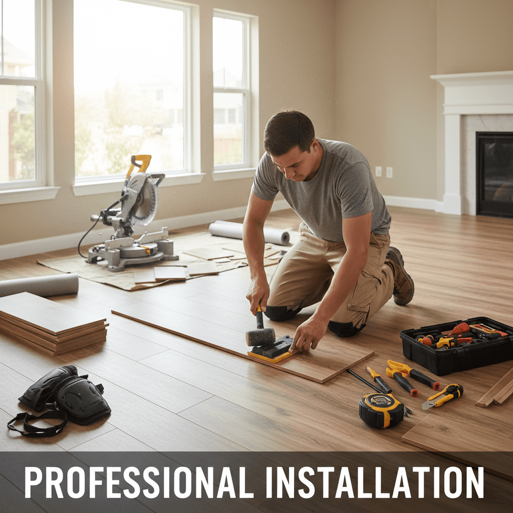 Vinyl plank flooring being installed in a modern living room