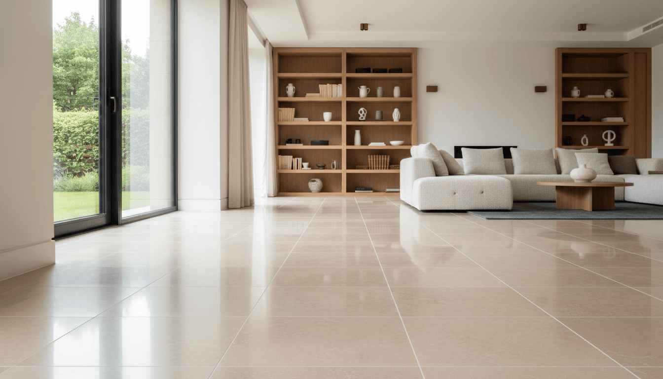 Laminate flooring installation showing room-wide coverage and seamless transitions