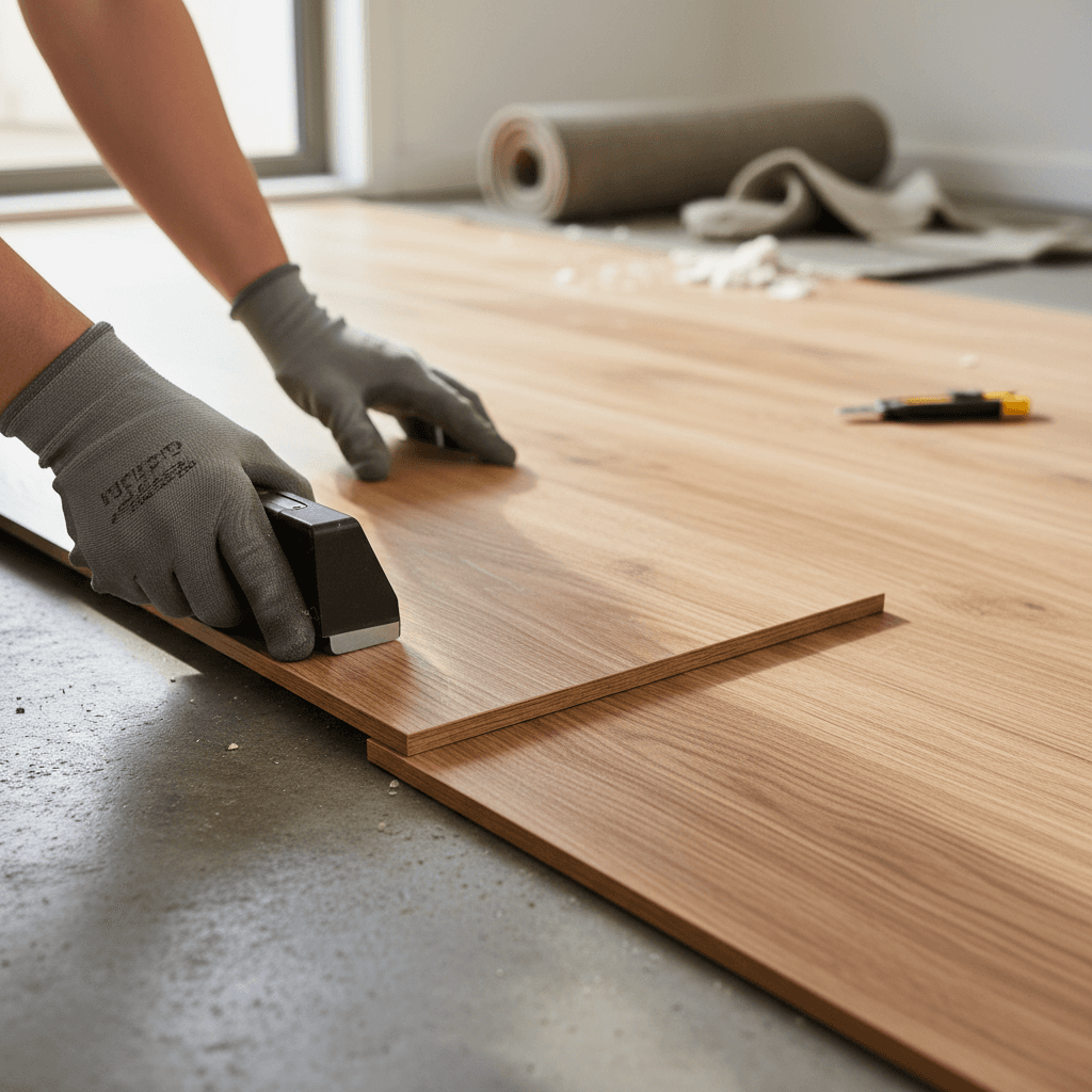 Stair flooring installation showing completed treads with professional nosing