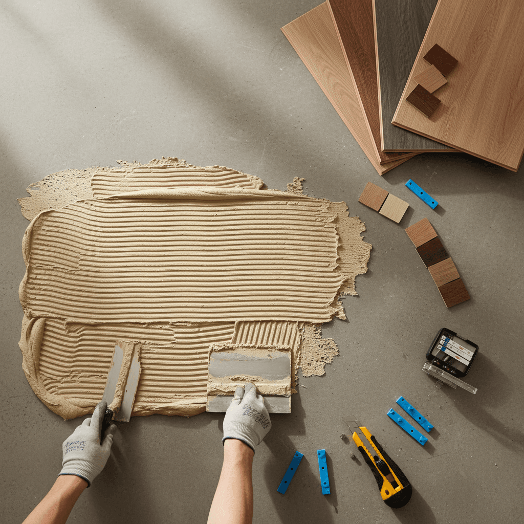 Glue-down flooring installation showing adhesive application and floor preparation