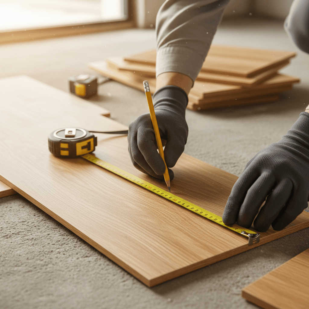 Professional flooring installer measuring and preparing subfloor in bright residential interior space