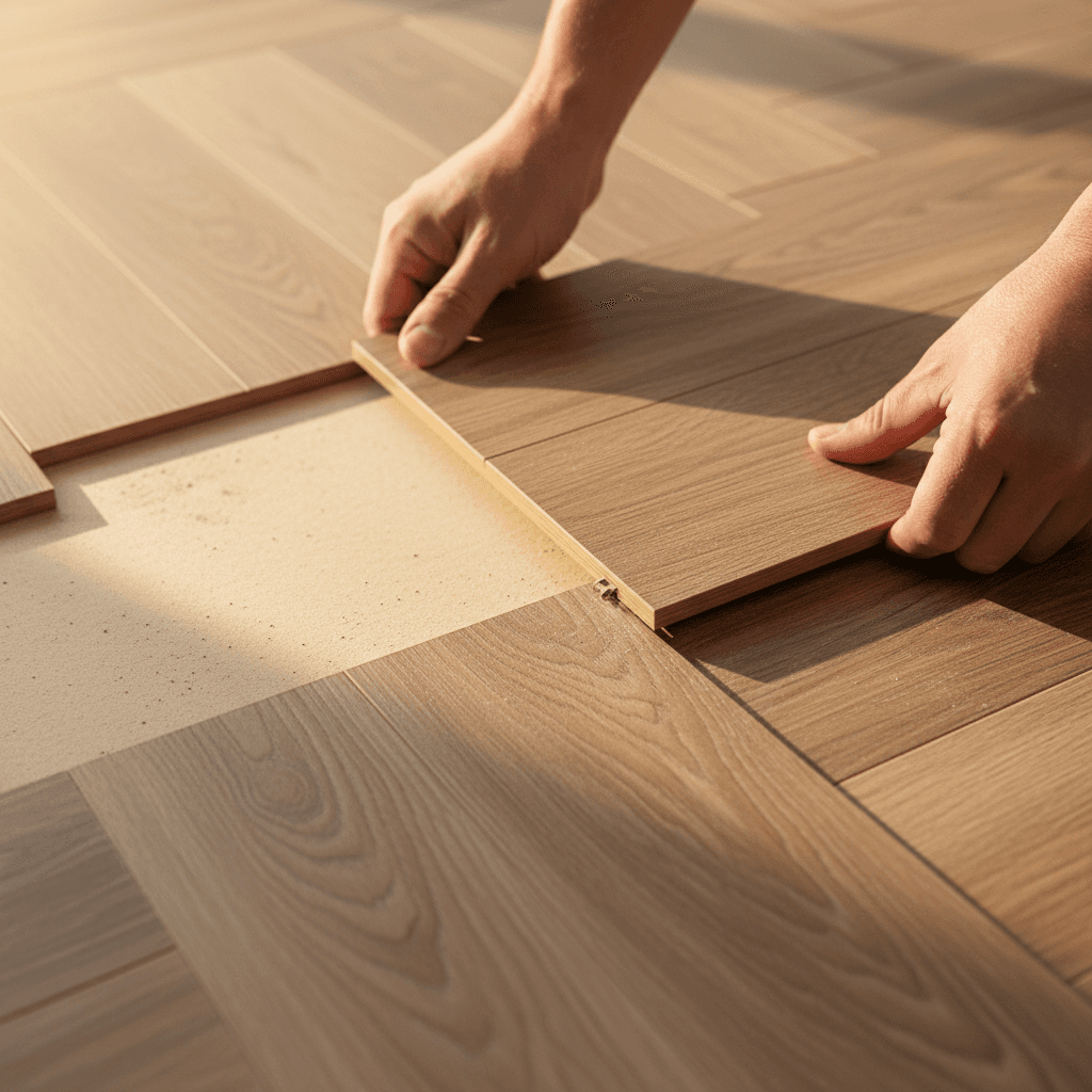 Professional flooring installer laying vinyl plank flooring in bright modern home interior